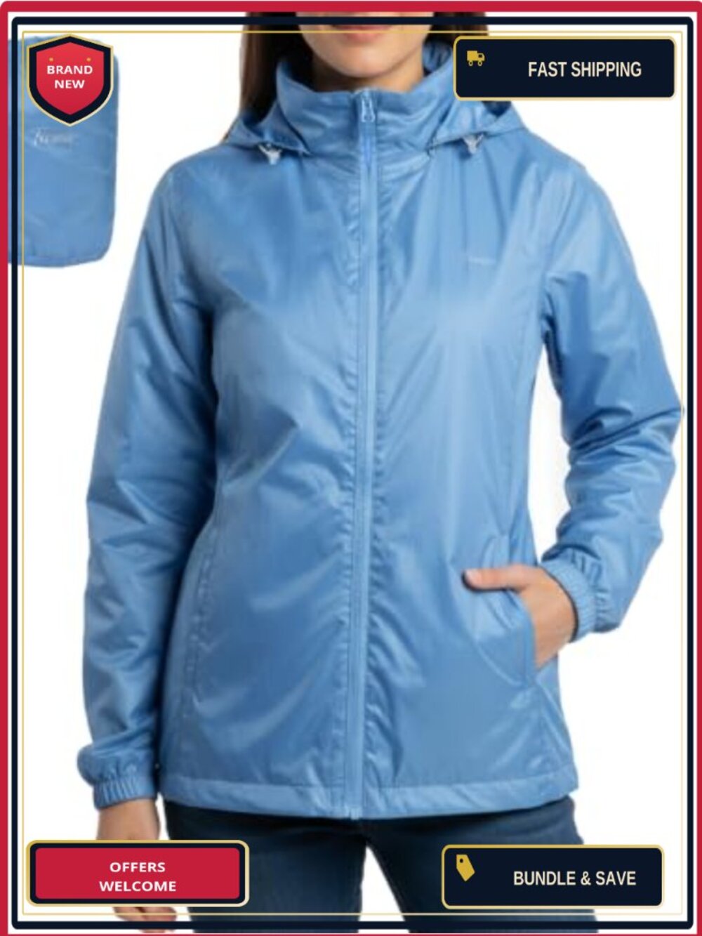 Waterproof Packable Lightweight Nylon Rain Jacket with Hood